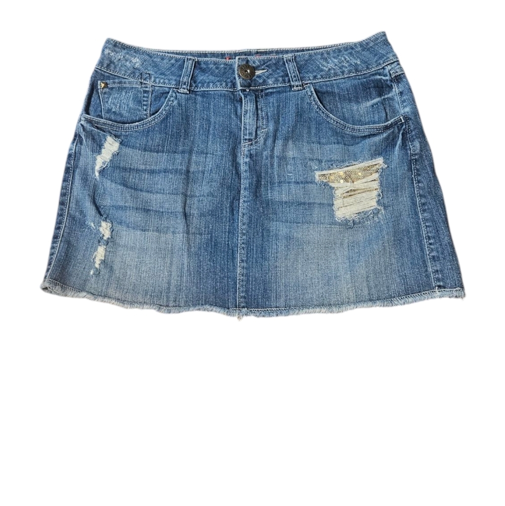 Vintage Women's Elle Denim Mini Skirt Distressed Sequins Pockets Size 8